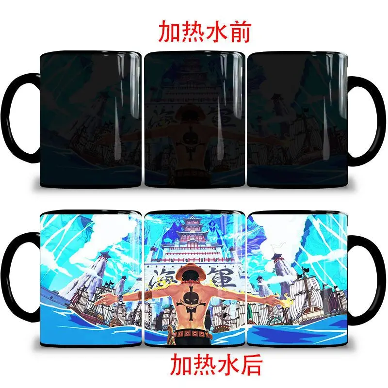 Taza de Agua de One Piece, Taza de Cerámica que Cambia de Color con Diseño de Anime, Taza Personalizada con Dibujos Animados, Taza de Café y Leche de Luffy, Ace y Sabo, los Tres Hermanos