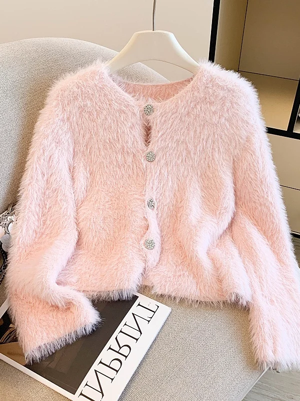 

Мягкий вязаный свитер из искусственного меха, женский зимний винтажный круглый универсальный кардиган Ne, верх из полиэфирного волокна 00%