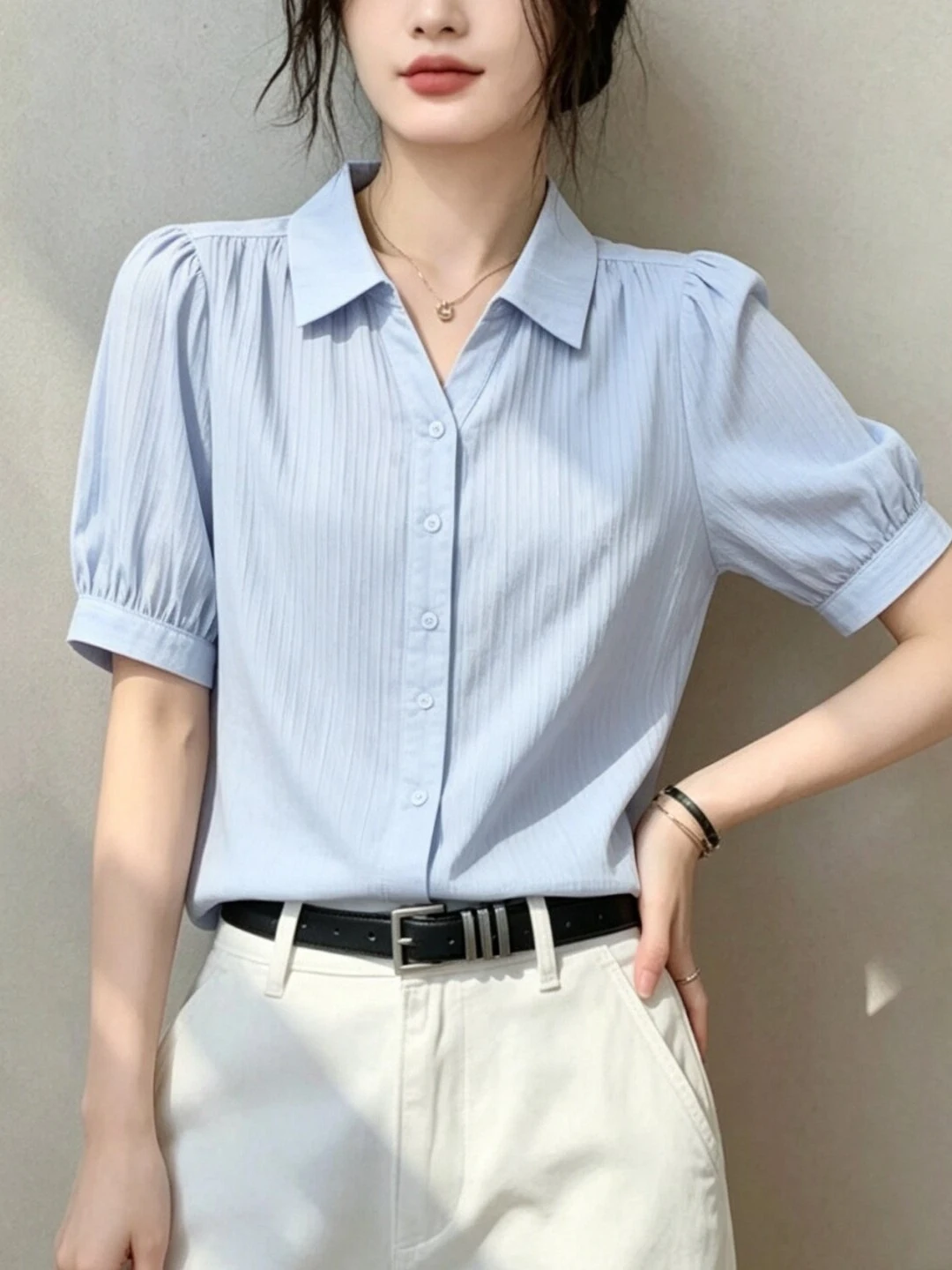 Casual Loose Short Sleeve Turn-down Collar Commute Style Women's Shirt Summer plus Size Fashionable Versatile Casual Blouse