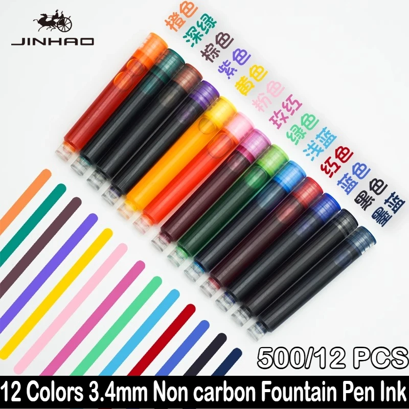 

500/12 PCS JINHAO Universal 12 Colors Non carbon Fountain Pen 3.4mm Ink Cartridges Sac Refills Stationery School Office Supplies