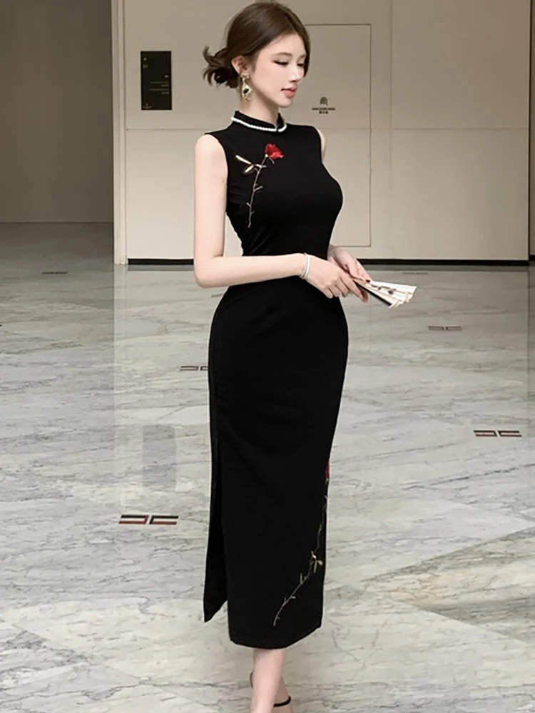 2026 Black Chic Eombroidery Floral Stand Collar Long Dress Summer Elegant Bodycon Sleeveless Dress Women Vintage Hepburn Dresses