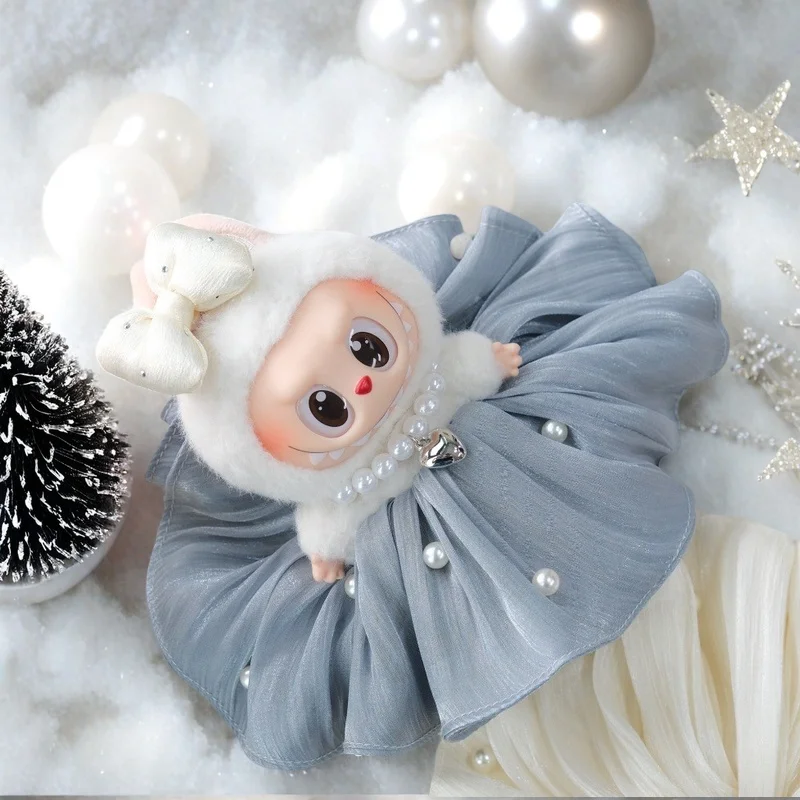Vestido con lazo para Mini Ropa de muñeca Labubu de 17cm, accesorio para el cabello con perlas a juego, traje temático Labubu V2/V3 de estilo a la moda