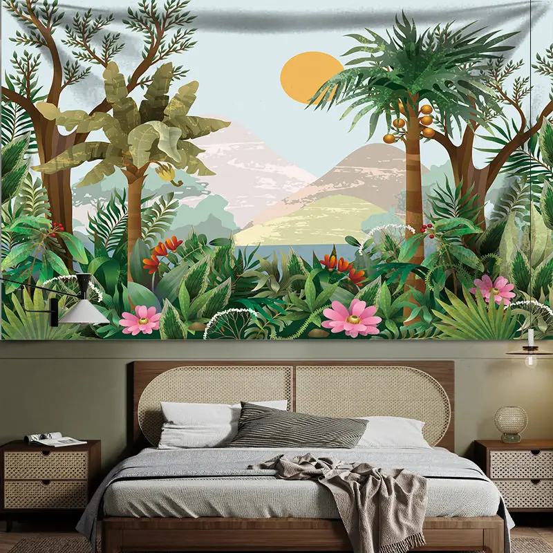 Retro American Tropical Rainforest Flora & Fauna Tapestry Decorative Wall Hanging for Bedroom Homestay Live Streaming
