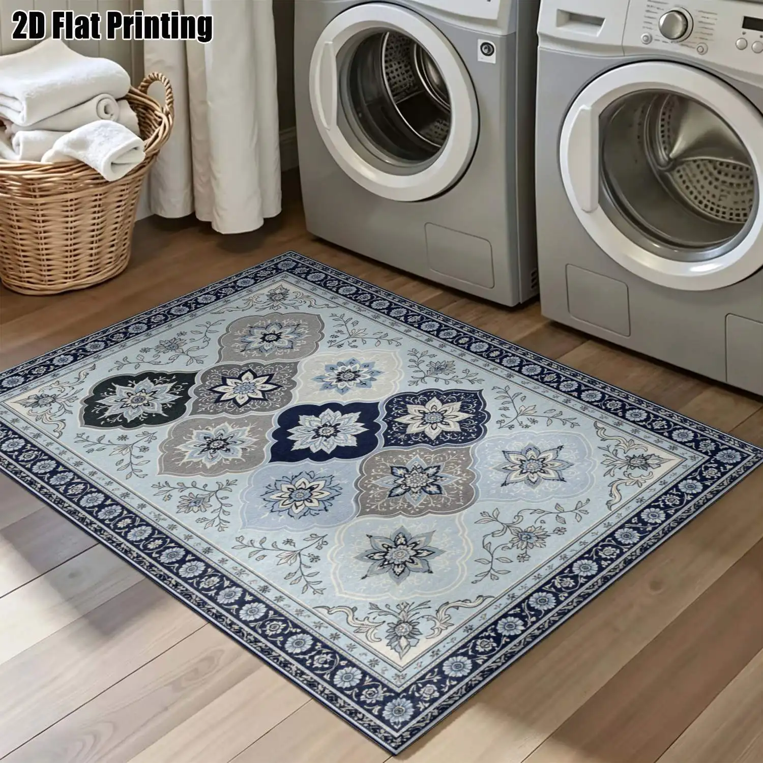 1Pc 2D Printed Carpet: Blue-Grey Retro Patterns, European & Minimalist Style, Washable, Multi-Size, for Home Decor & Multi-Scene Use
