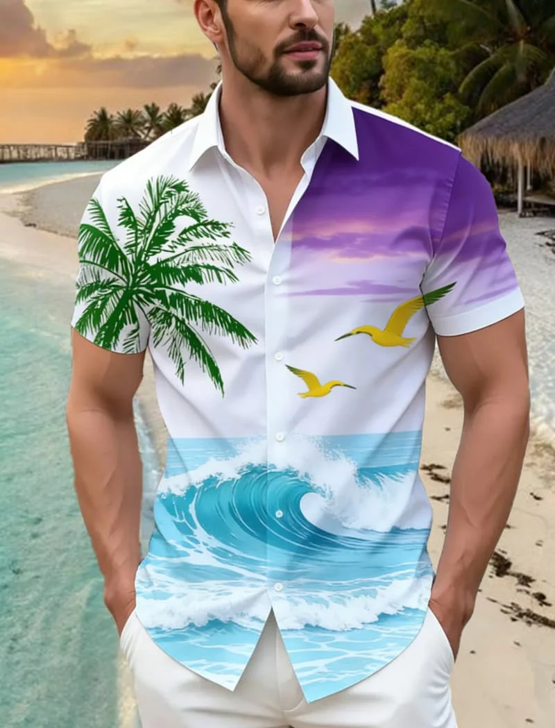 

Men's Luxury Stylish Premium Getaway Print Short Sleeve Shirt Casual Fashion For Vacation Styling And Summer Events