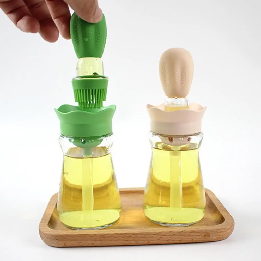 200ML 2 in 1 Glass Oil Bottle with Silicone Brush Clear Scale Soft Bristles Creative Cactus Olive Oil Dispenser for Kitchen