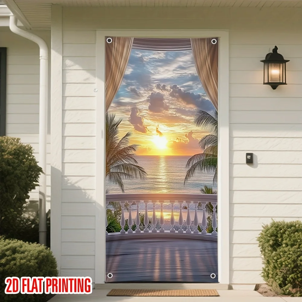 2D planar door curtain featuring sunset sea view - Printed party banner, with tropical beach scene, palm trees and sea view view 5