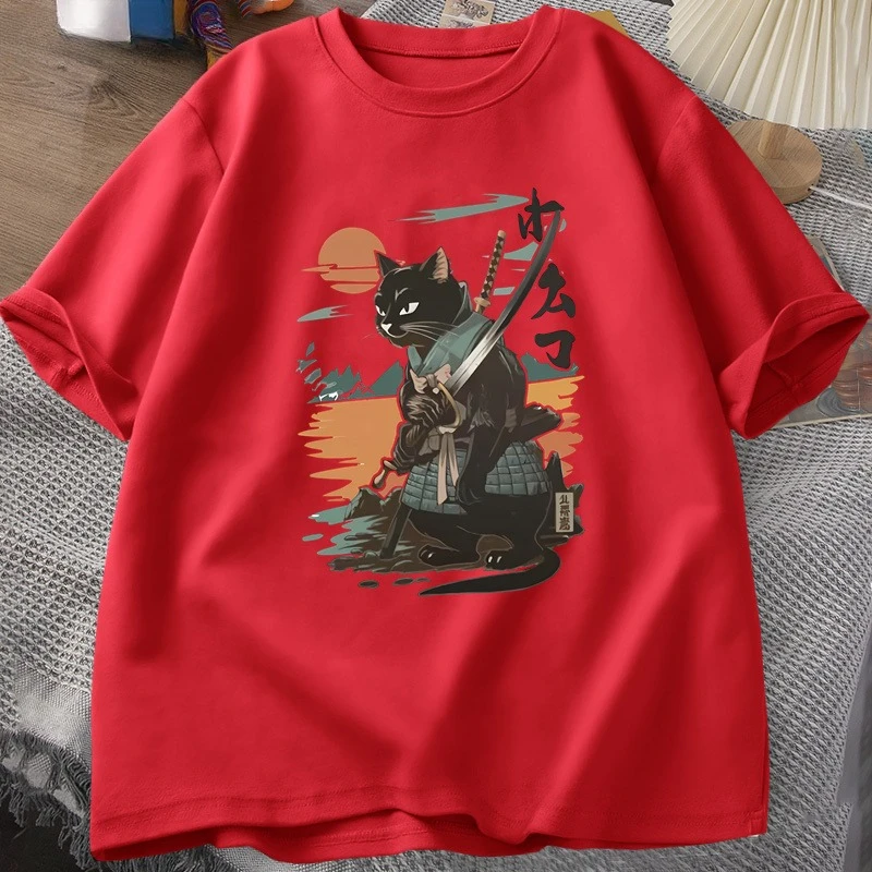 جديد الساموراي القط تي شيرت النمط الياباني القط مصمم خمر التي شيرت عادية الرجال الجرافيك القطن قصير الأكمام للجنسين تنفس #5