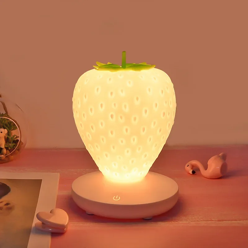 LED Strawberry Lamp for Bedroom Silicon Touch-Sensor USB Rechargeable Dimmable Idyllic Bedside Night Light for House Decoration