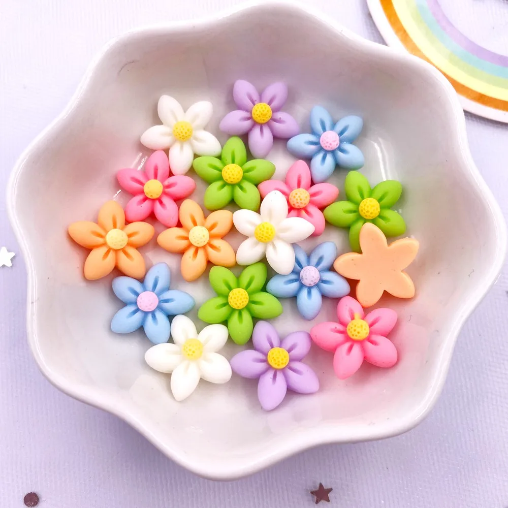 20pcs Resin 14mm Colorful Kawaii 3D Flower Flatback Stones Figurines Appliques for Clothing DIY Scrapbook Bow Accessories Crafts