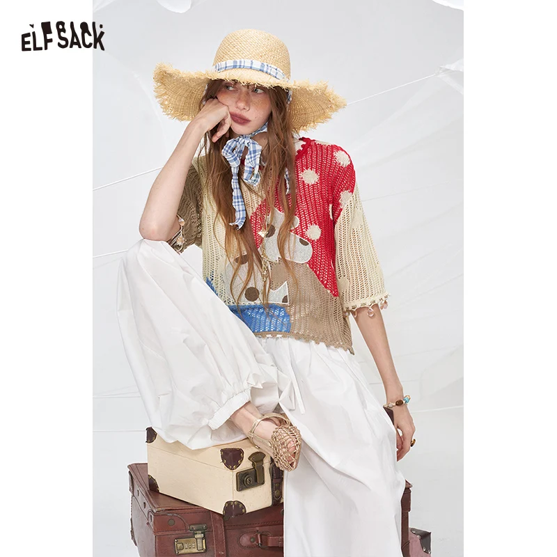 ELFSACK Cute Patchwork Knit Top, Polka Dot Print Crochet Blouse, Hollow-Out Beaded Short Sleeve Summer Knitwear