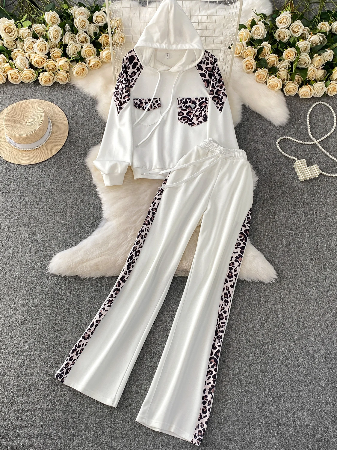 

Faionable Long Sve Leopard Print Patchwork Hoodie Slimming Sweatirt High Waist Wide Leg Pants Women's Autumn Set
