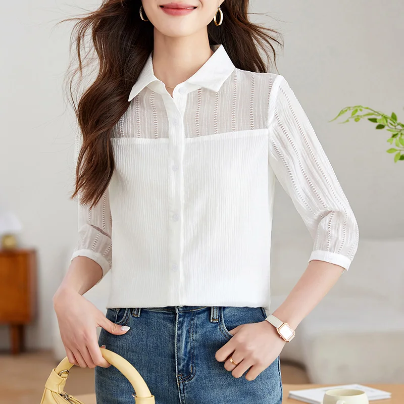 

Women Clothing Fashion Solid Patchwork Elegant Shirts Summer New 3/4 Sleeve Commute Tops Office Lady Daily Casual Loose Tops