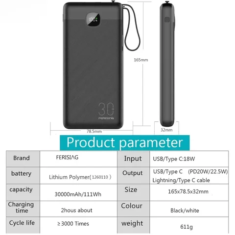 30000 мАч Power Bank VOOC Flash Charge 22,5 Вт, встроенные кабели и ремешок, цифровой дисплей, портативное зарядное устройство для внешнего аккумулятора