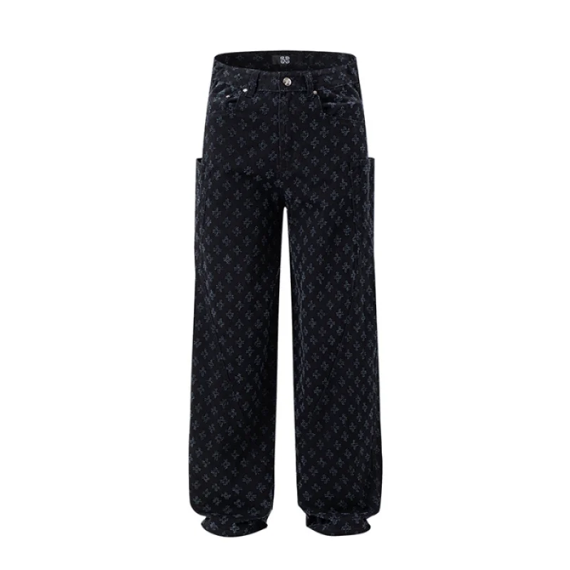 Street jacquard American large pockets washed men's pants high-end trend straight men's pants baggy jeans men