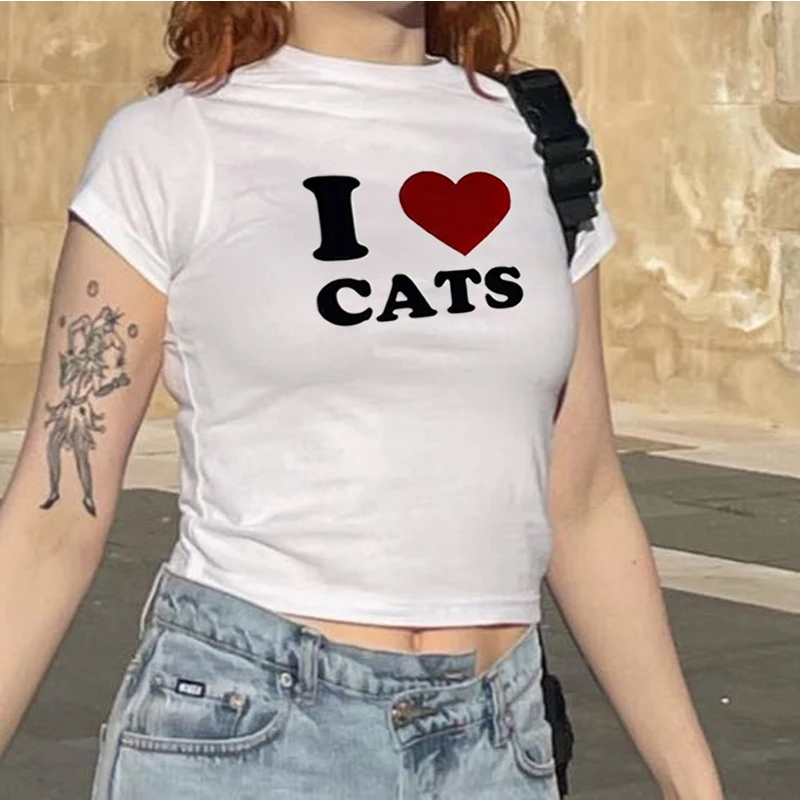 I LOVE CATS Pattern Print Fairy Core Cute Crop Top Baby Slim Tees Summer Women O-neck Short Sleeve T-shirt All-match Streetwear