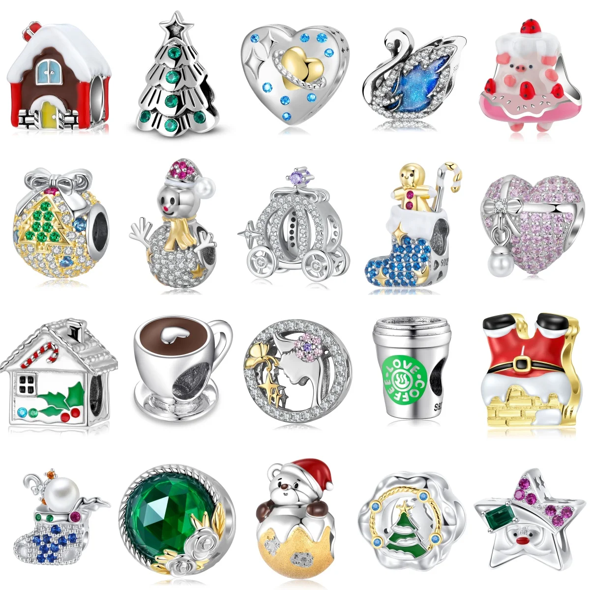 

925 Sterling Silver Family Christmas Heart Pumpkin Cart Socks Swan Bell Charm Fit Original Bracelet Diy Jewelry Accessories