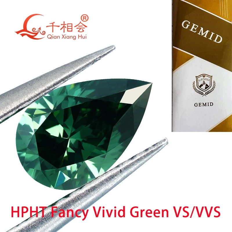 

HPHT diamond Fancy Vivid Green 0.88ct to 1.5ct VS1 clarity pear shape GEMID certificated lab grown diamond loose stone