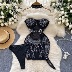 Elegant Sleeveless Vintage Strapless Sexy Off Shoulder Chic Rhinestone Slim Mesh Short Evening Dress Party High Street Clothing