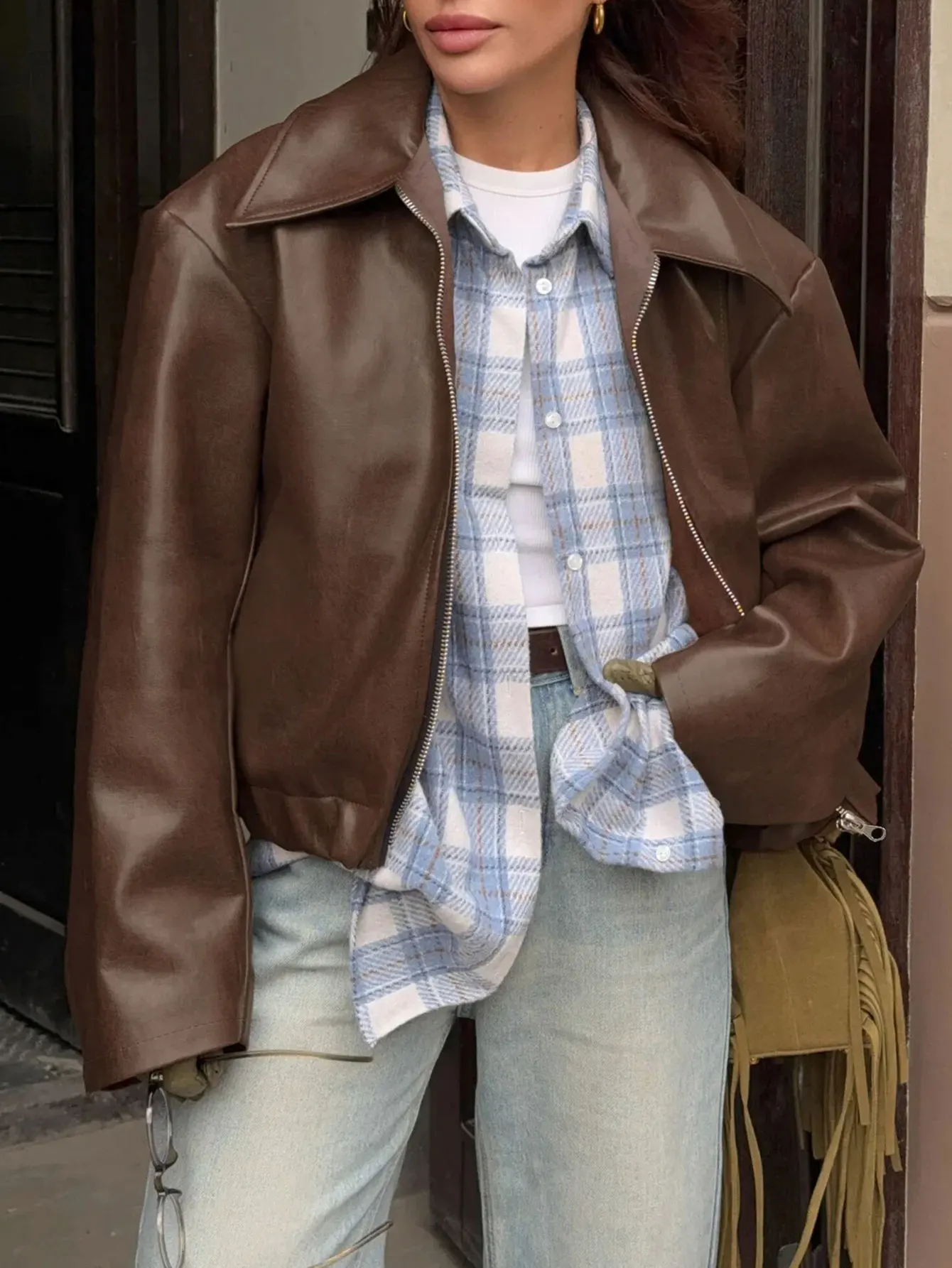 Casaco de couro estilo casual feminino elegante sem decoração jaqueta para uso diário