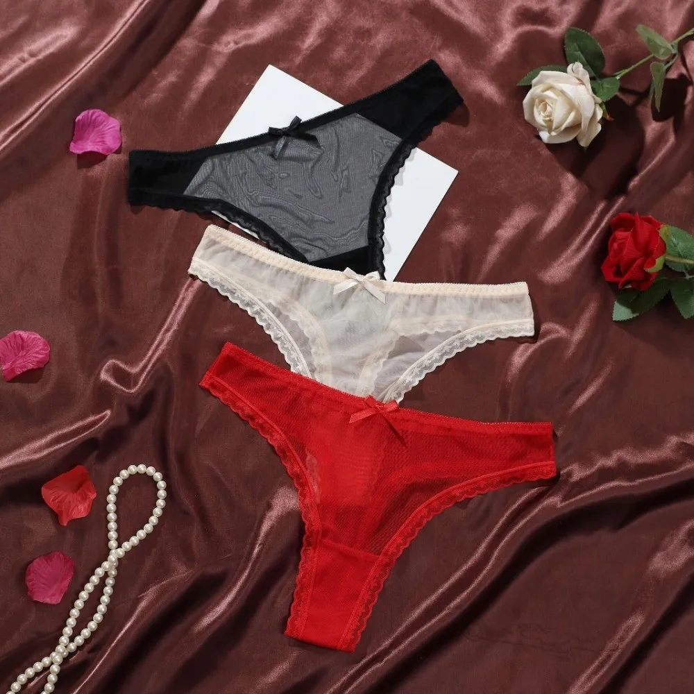 Fashion Soft Lace Transparent Thongs Traceless Solid Color Low Waist Briefs Lingerie Underpants T-back Panties Girls