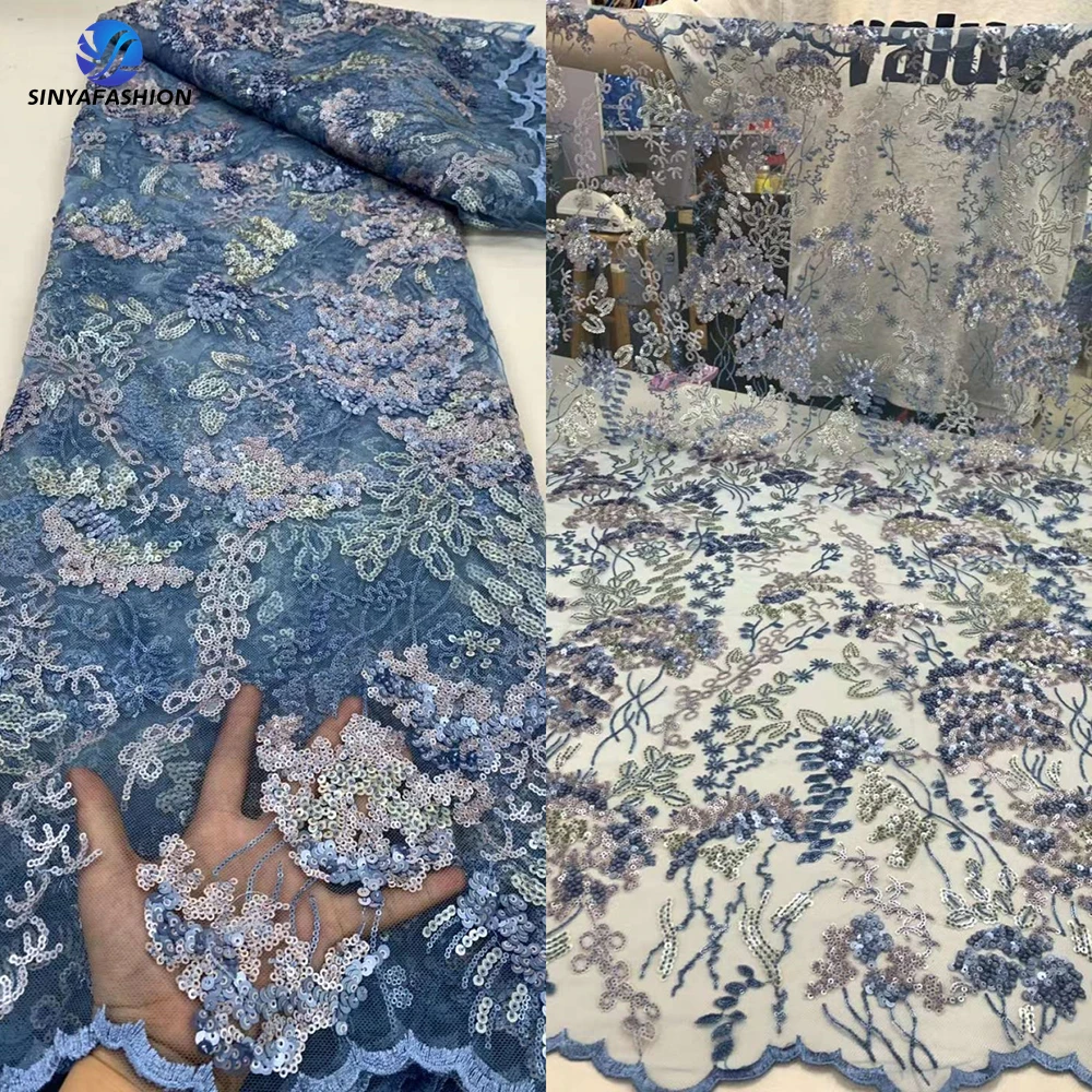 sinya African Sequins Lace Fabric for Wedding Dress, Beaded Embroidery Nigerian Material clothes  High Quality