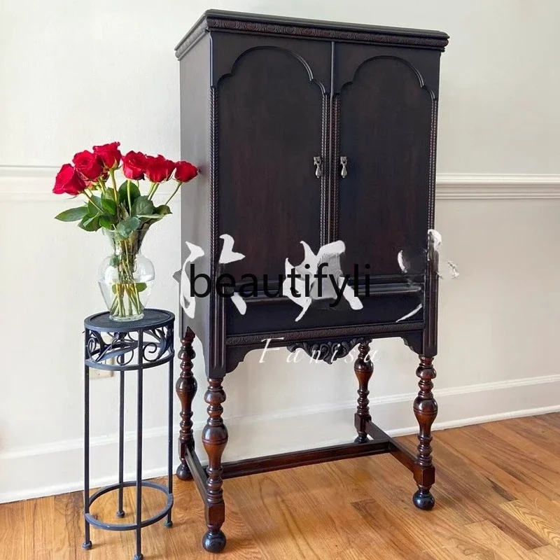 

zzqFrench retro black solid wood wine cabinet dining side cabinet integrated American living room wall display cabinet