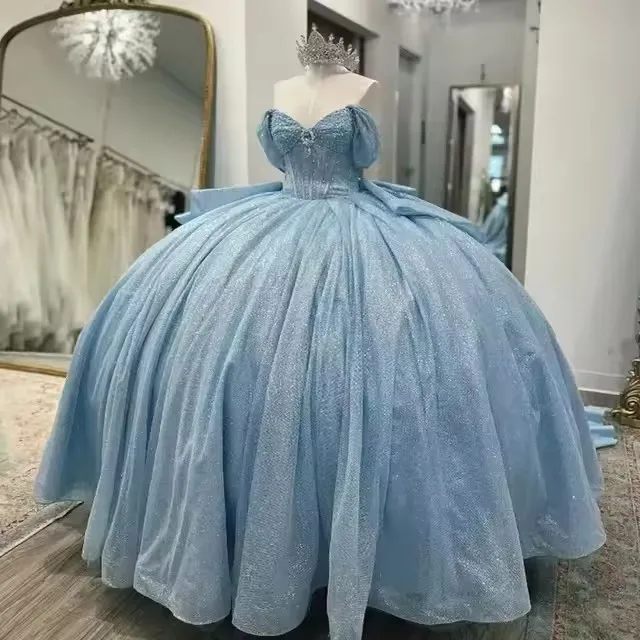 ANGELSBRIDEP 반짝이는 라이트 블루 Quinceanera 드레스 럭셔리 구슬 진주 Vestidos De 15 Anos 생일 파티 댄스 파티 공주