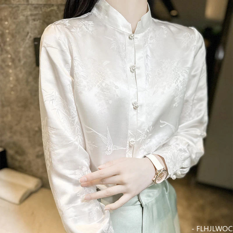 Chinese Style Chi-pao Collar Design Tops Blouses Woman New 2024 Spring Retro Vintage Thin Comfortable Button Basic White Shirts