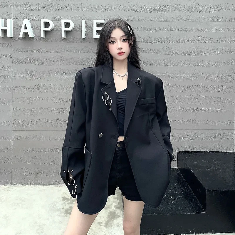 Fashion Streetwear Women Blazers Black Simple Hottie 3D Decoration Oversize Suit Jacket Casual Elegant Pocket Aesthetic Jackets