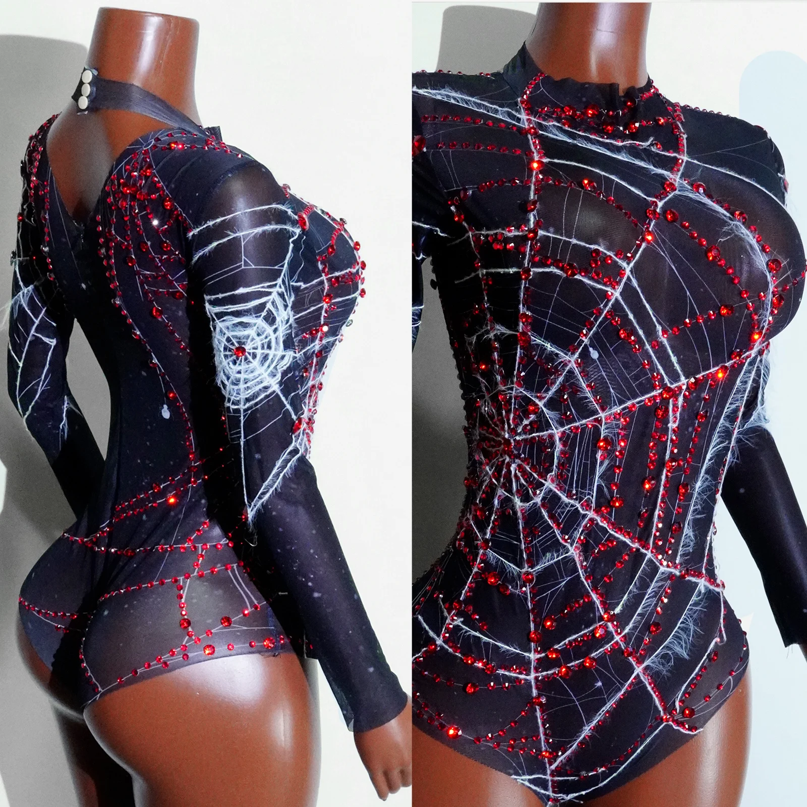 Seksowne body z pajęczyną, siateczkowe, transparentne, czerwone, z dżetami, czarny trykot, na imprezę, taniec, Halloween, występ sceniczny, kostium do klubu nocnego.