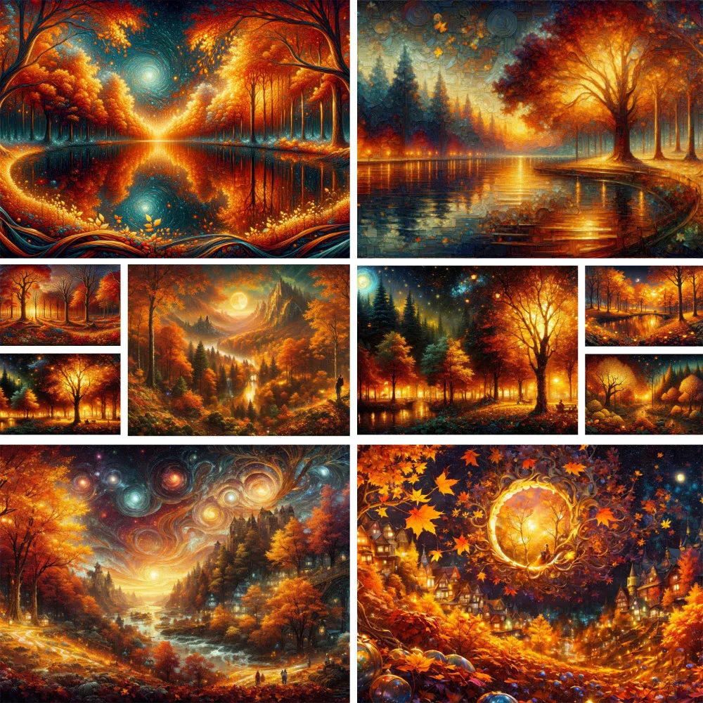 Landscape Autumn Night Pre-Printed Cross Stitch Kit Embroidery DMC Threads Craft Painting Handmade Handiwork Gift Magic Sales