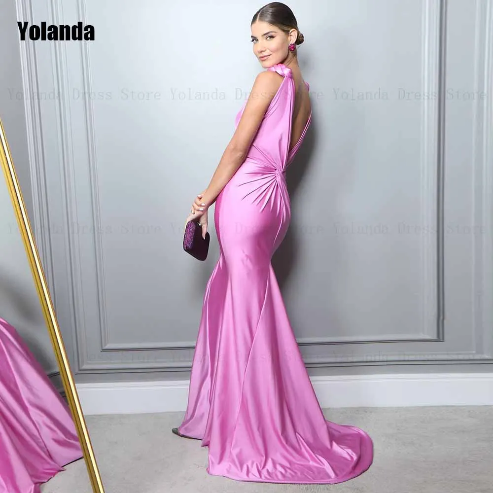 2024 New Exquisite Mermaid Evening Dresses V-Neck Satin Draped Pleat Ruffle Open Back Party Dress Floor Length Robe de soirée