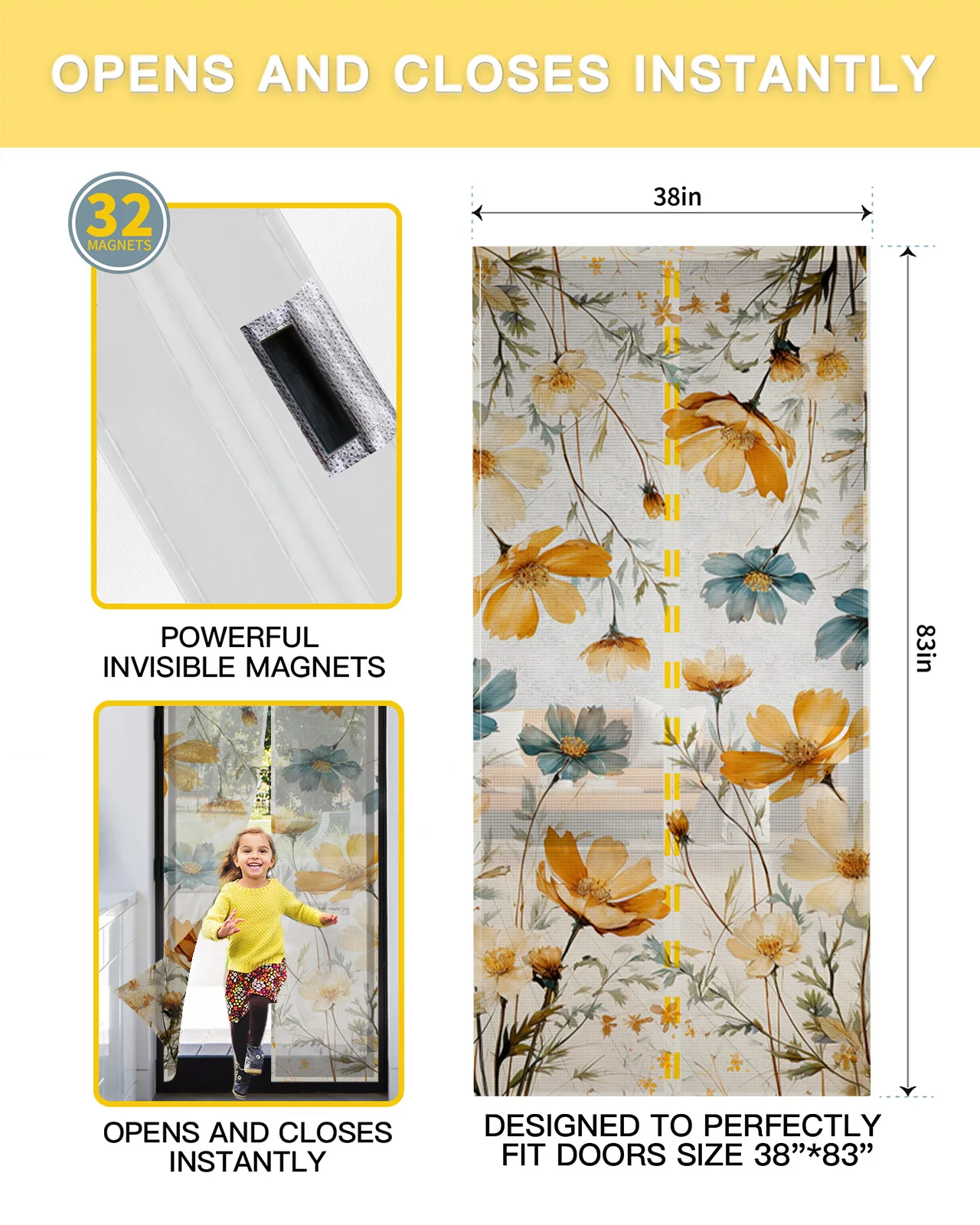 Flower Plant Magnetic Door Curtain Summer Living Room Bedroom Home Anti-mosquito Screen Door Curtain