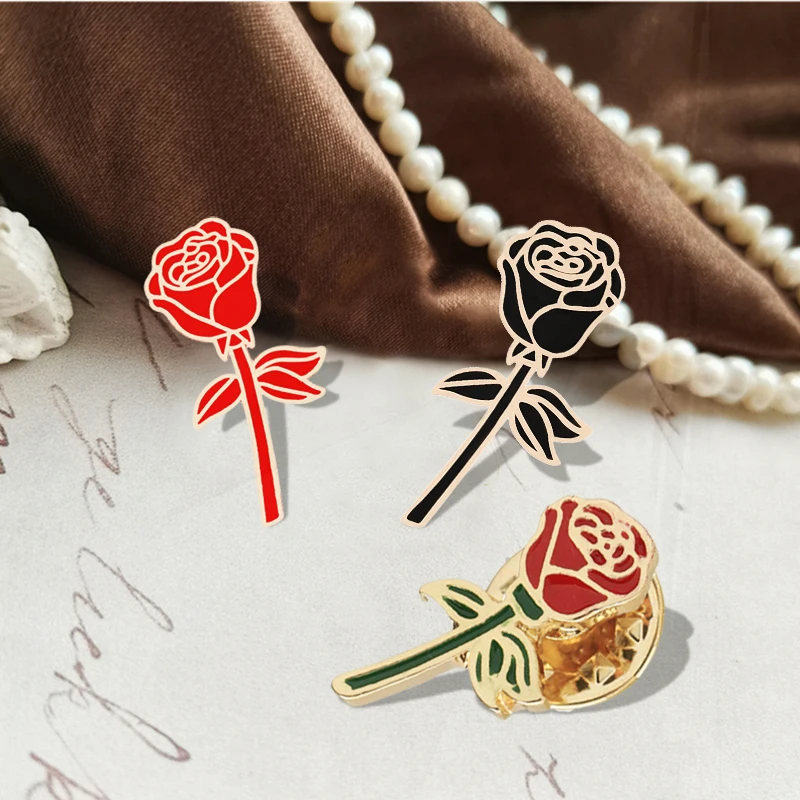 Rose Design Metal Pin Brooch Couple Romantic Gift Dating Wedding Jewelry Fashion Flower Lapel  Pins Women Badge 2PC Red Black