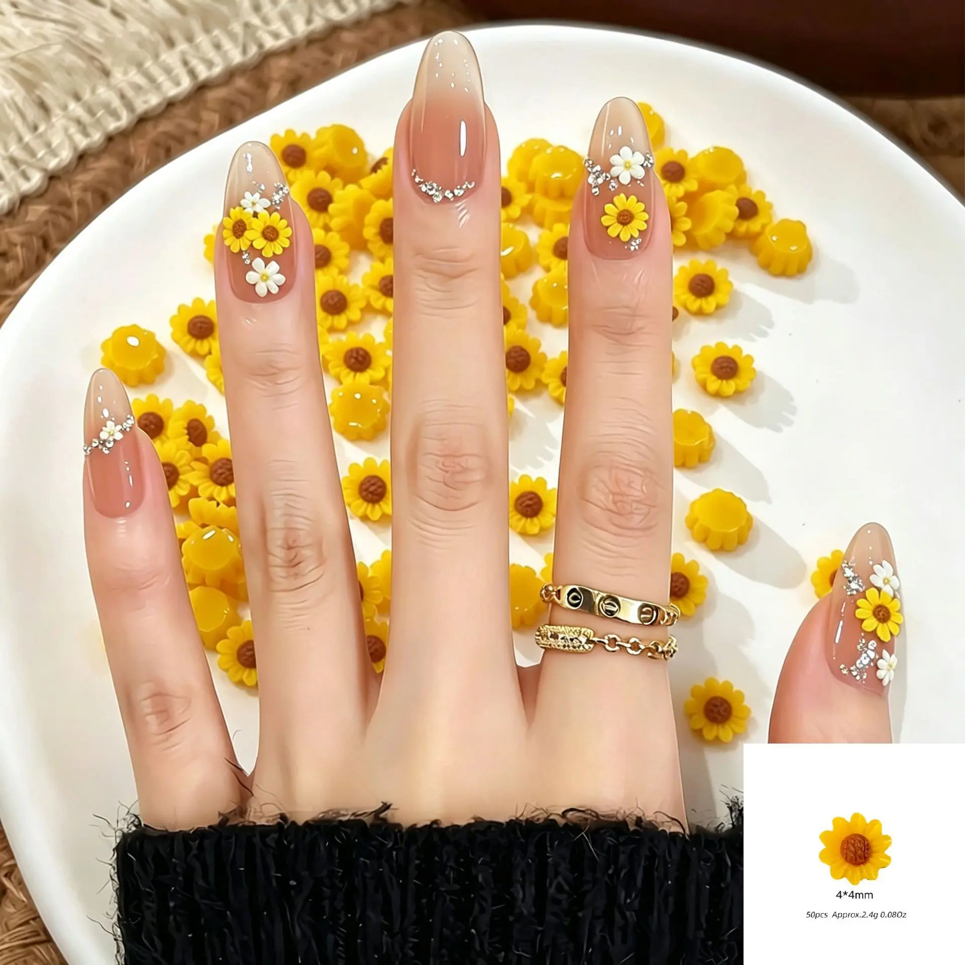 50Pcs/Bag Yellow Sunflower Nail Charms - Mini Resin Press-On Nail Decor, Cross-Border DIY Nail Art Accessories