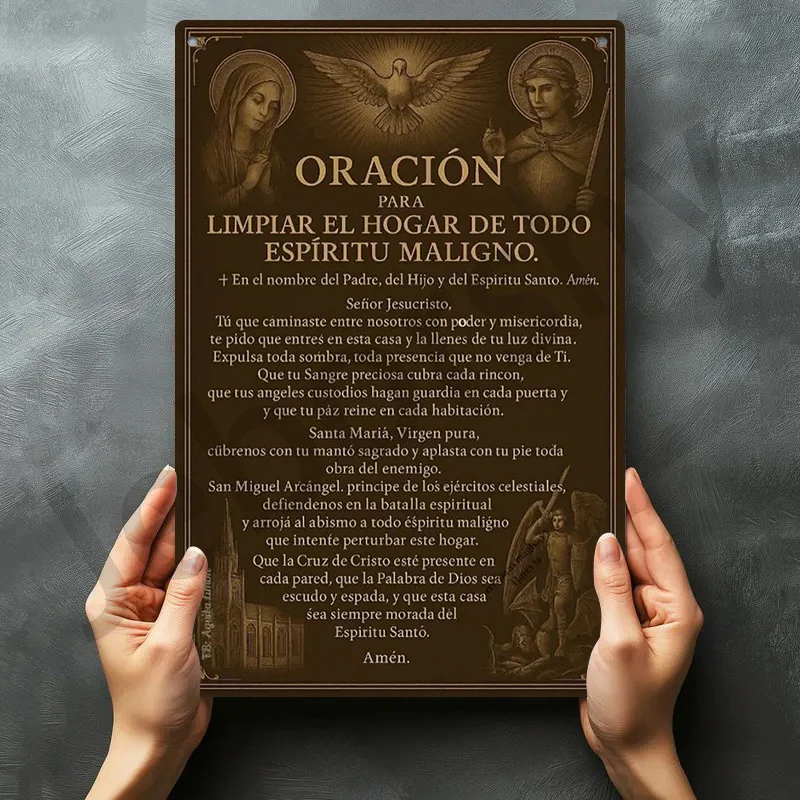 2D Flat, 1pc Vintage Catholic Prayer aluminum Sign - Spanish Religious Wall Decor with Saint Michael Archangel, Spanish Prayer