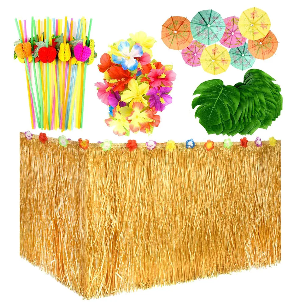 

1pc Grass Table Skirt Set Golden Desk Skirt Monstera Leaves Hibiscus Flowers Umbrella Toppers For Luau Party