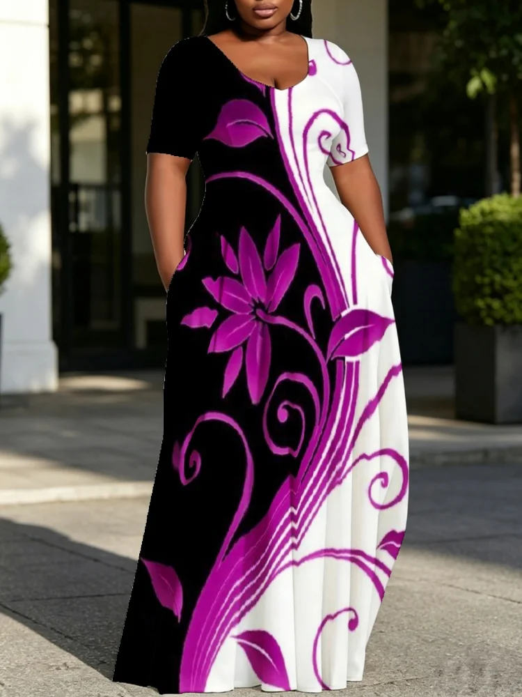 

Women's Plus Size Maxi Dress Elegant Short Sleeve Color Block Floral Print V-Neck Dresses 2026 Summer Holiday American Clothings
