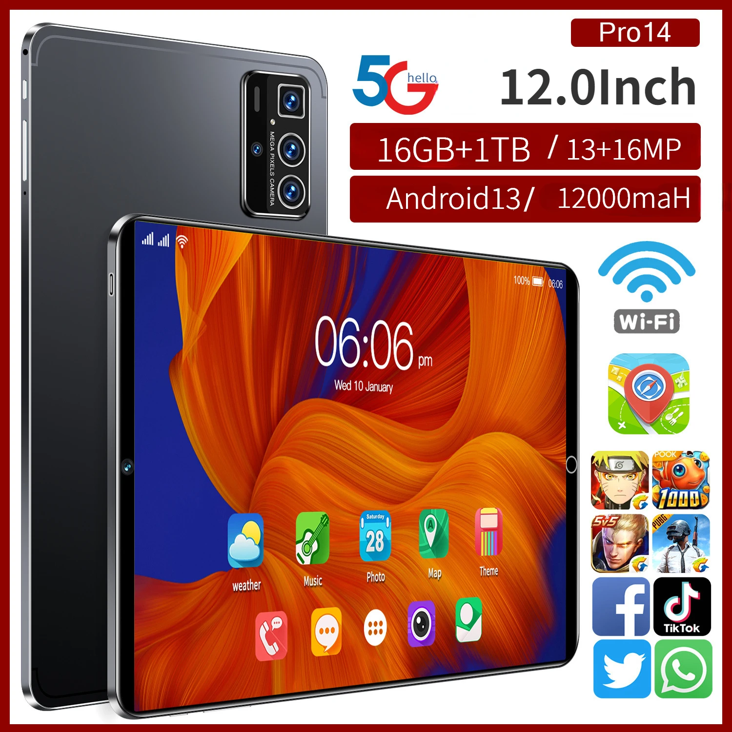 Tablette PC d'origine Pro14, 12 pouces, Android 14, 16 Go + 1T, 12000mAh, 5G, Bluetooth 5.0, voyage, exploration, WiFi, prise en charge des langues mondiales