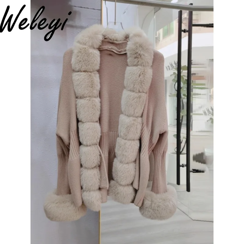 

Winter Women's Knitted Shawl Cape Coat 2024 Autumn New Fashion Warm Furry Fur Collar Removable Cloak Sweater Cardigans Female