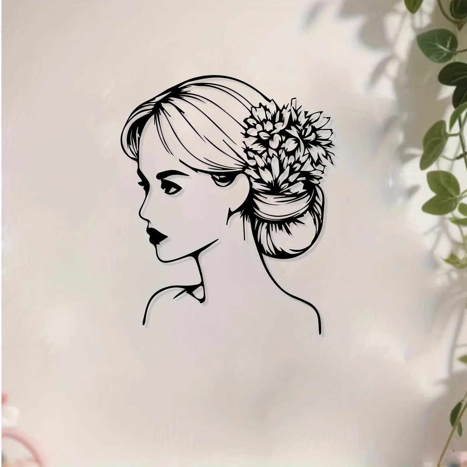 Floral Bun Woman Iron Wall Art Elegant Lady Silhouette Metal Mural Romantic Bedroom Decor Gift Ornament