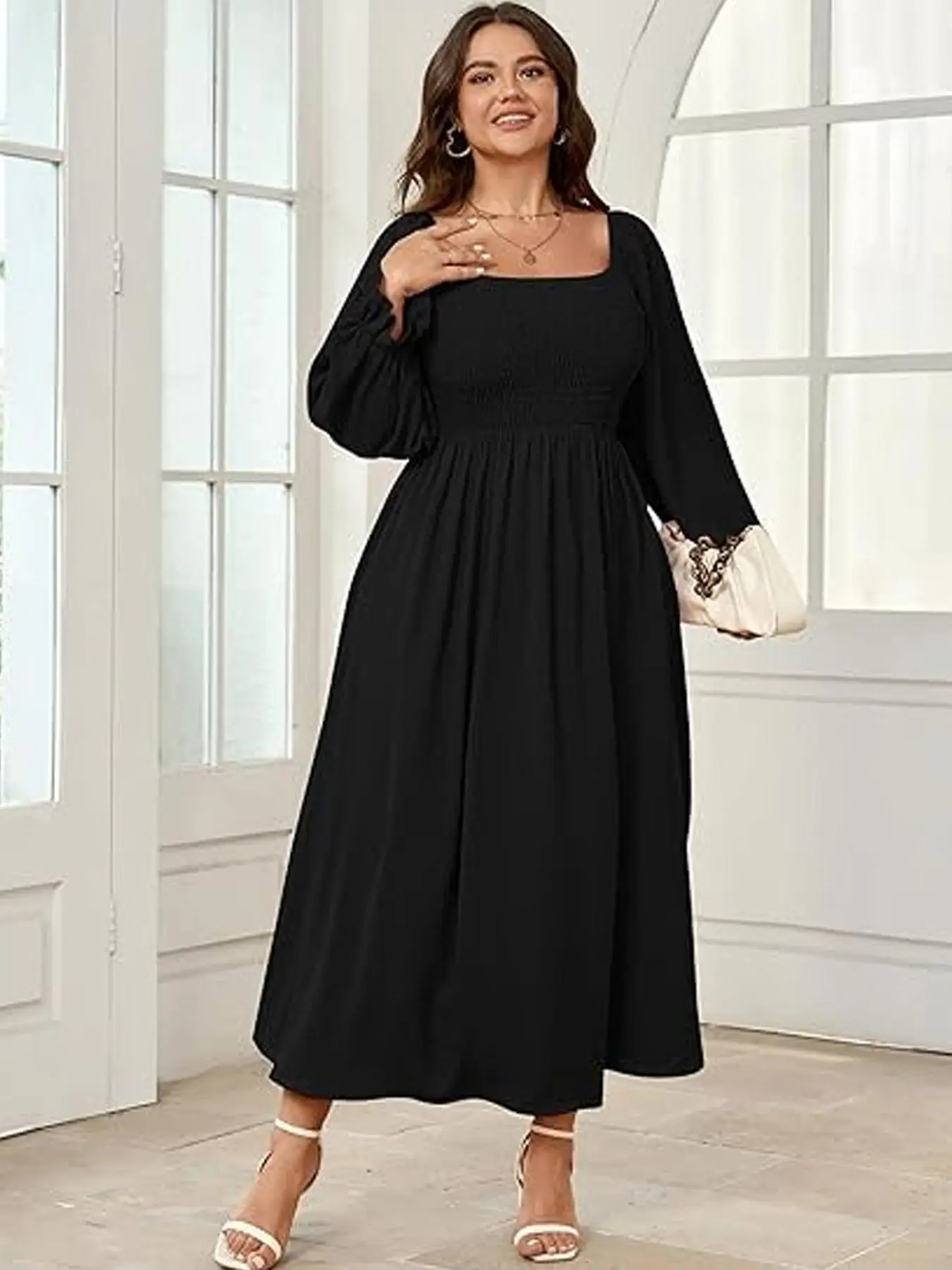 

Plus Size Solid Square Neck Dress, Plus Casual Long Sleeve Dress for Daily Wear, Women's Plus Clothing for All Seasons