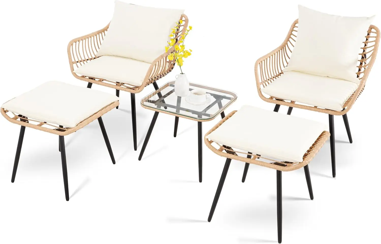 

5-Piece All-Weather PE Rattan Conversation Set,Wicker Chairs with Ottoman&Coffee Table for Balcony Porch Poolside (Yellow/Beige)