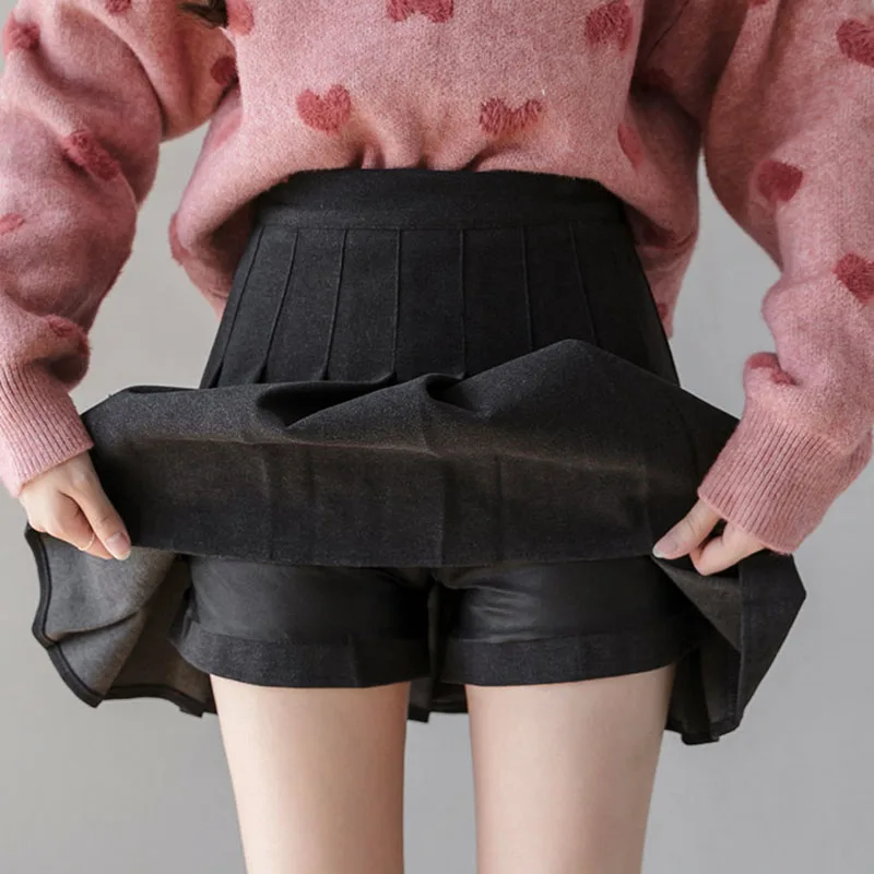 Autumn Winter Solid Color Thick Woolen Pleated Skirt Women Preppy Style JK Black Skirts Female Anti-Glare High Waist Mini Skirt