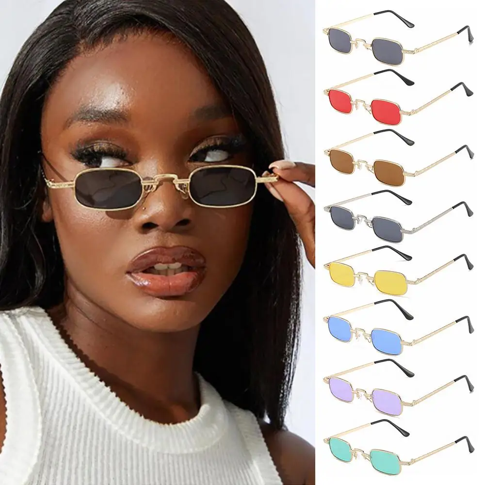 Small Rectangle Sunglasses for Women Men, Retro Metal Frame Punk Sun Glasses Vintage Travel Shades UV400 Protection