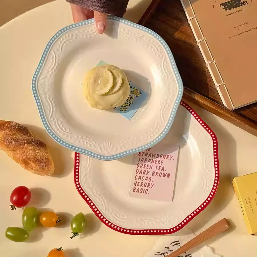 Ins Stil Relief Keramik Weiß Platten Kontrast Farbe Punkte Drucken Unregelmäßige Runde Dessert Gerichte Frühstück Haushalt Geschirr