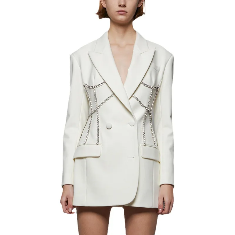 Rhinestone Ornament European American Women's Suit Jacket 2023 Autumn Winter Fashion Mid-Length Tight Waist Suit Dress