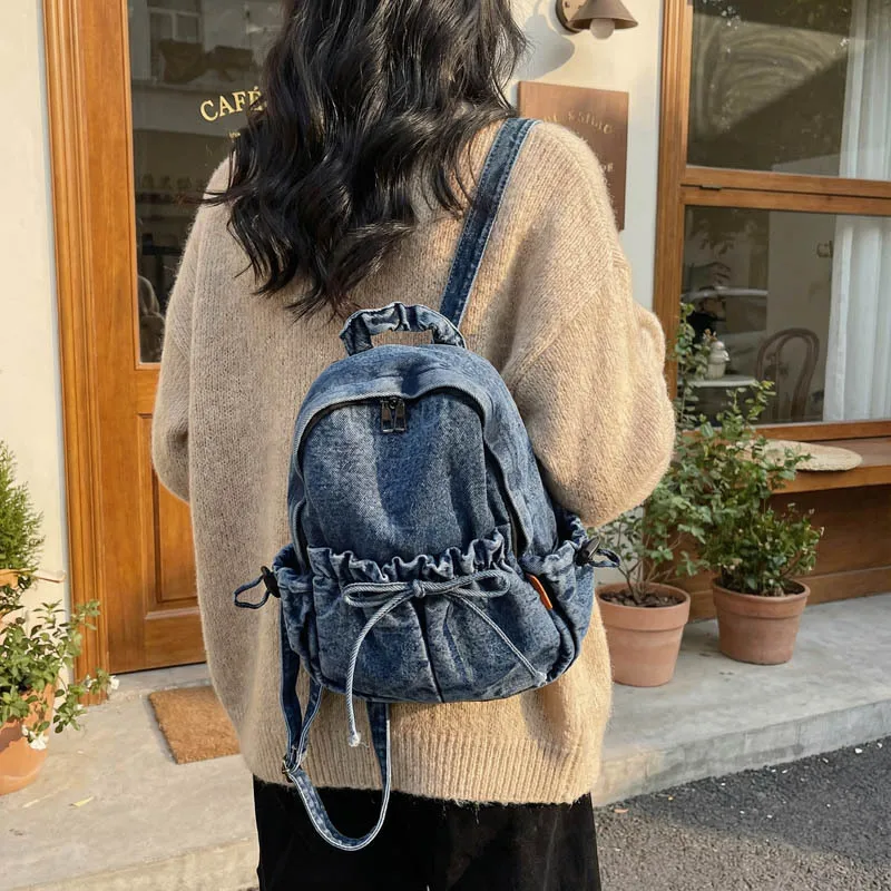 

Retro Japanese Style Denim Backpack with Drawstring Bow - Lightweight Casual Daypack for Students and Daily Use