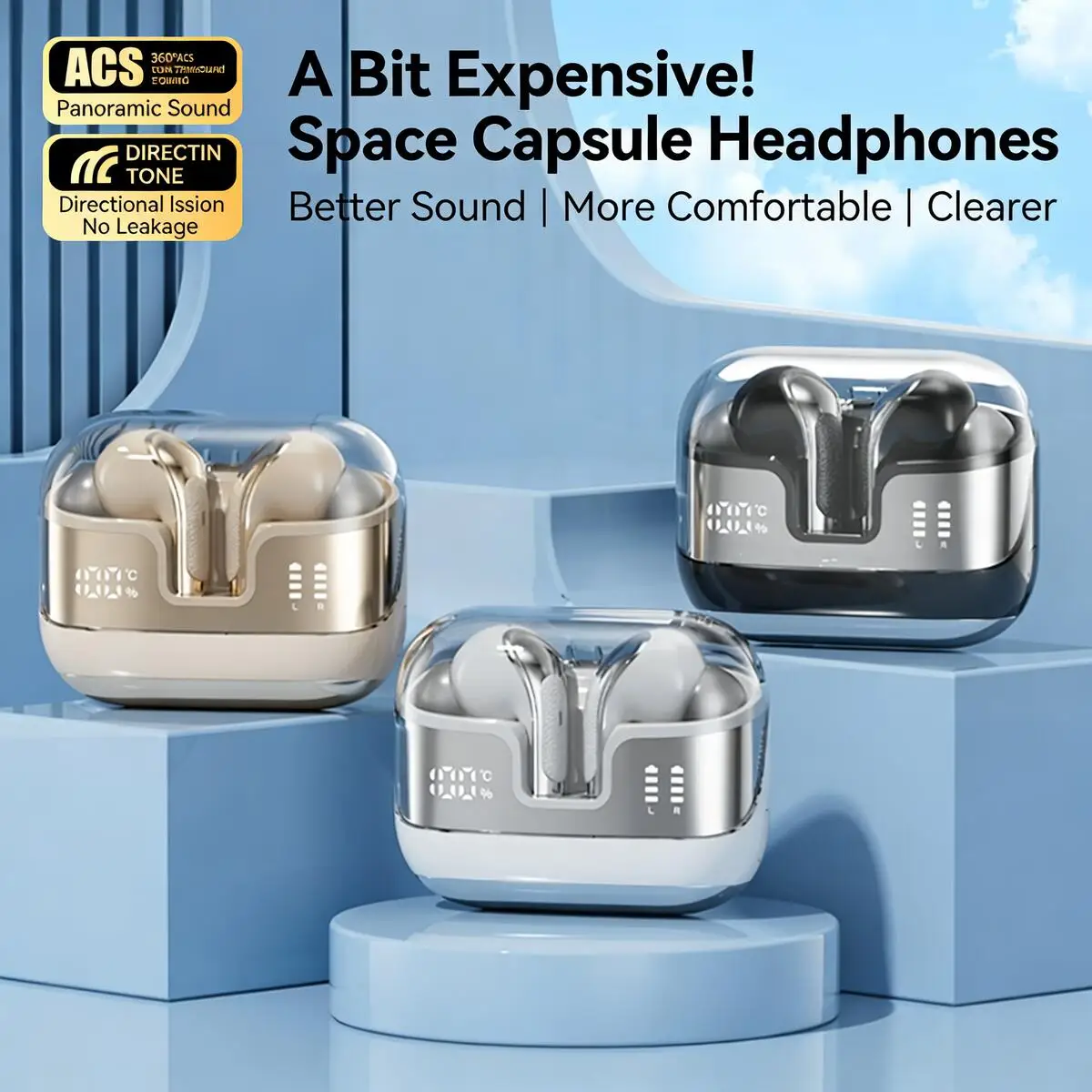 

New Transparent Clear Earbud Case Wireless Bluetooth In-Ear Headphone Noise Cancelling Long Battery Life for Music Office Travel